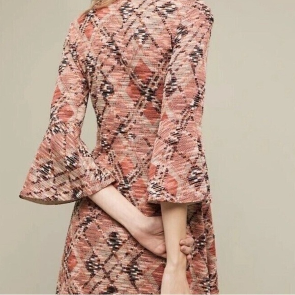 Maeve by Anthropologie Argyle Erina dark coral a-line bell sleeves dress size L - Picture 3 of 15